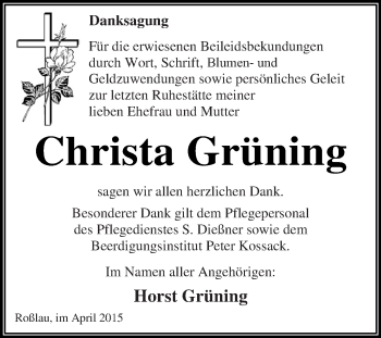Traueranzeige von Christa Grüning von WVG - Wochenspiegel Dessau / Köthen