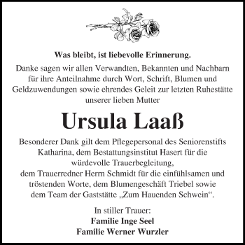 Traueranzeige von Ursula Laaß von Super Sonntag Wittenberg