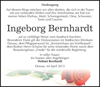 Traueranzeige von Ingeborg Bernhardt von Mitteldeutsche Zeitung Dessau-Roßlau