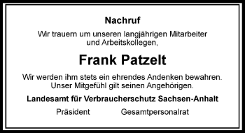 Traueranzeige von Frank Patzelt von Mitteldeutsche Zeitung Halle/Saalkreis