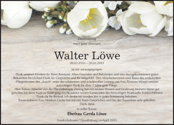 Traueranzeige von Walter Löwe von Mitteldeutsche Zeitung Quedlinburg