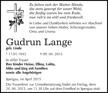 Traueranzeige von Gudrun Lange von Mitteldeutsche Zeitung Merseburg/Querfurt