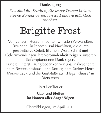 Traueranzeige von Brigitte Frost von Super Sonntag SGH Mansf. Land