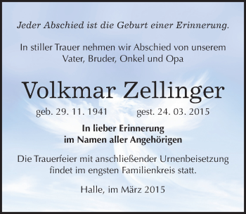Traueranzeige von Volkmar Zellinger von Mitteldeutsche Zeitung Halle/Saalkreis
