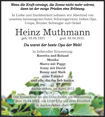 Traueranzeige von Heinz Muthmann von Super Sonntag Aschersleben