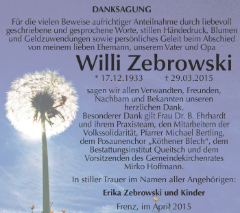 Traueranzeige von Willi Zebrowski von WVG - Wochenspiegel Dessau / Köthen