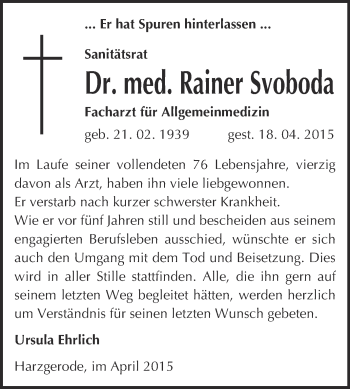 Traueranzeige von Rainer Svoboda von Super Sonntag Quedlinburg