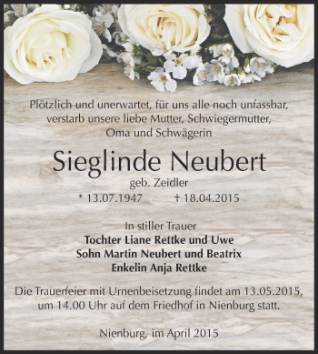 Traueranzeige von Sieglinde Neubert von Super Sonntag Bernburg