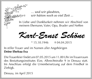 Traueranzeige von Karl-Ernst Schöne von Mitteldeutsche Zeitung Dessau-Roßlau