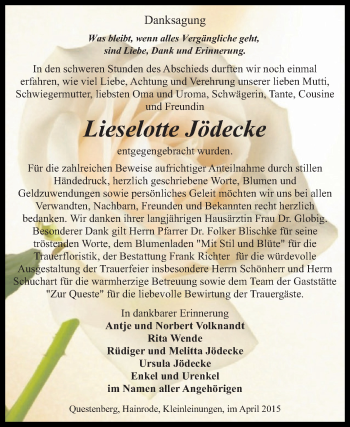 Traueranzeige von Lieselotte Jödecke von Super Sonntag SGH Mansf. Land