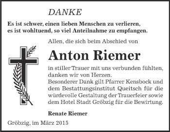 Traueranzeige von Anton Riemer von WVG - Wochenspiegel Dessau / Köthen
