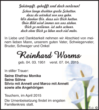 Traueranzeige von Reinhard Worms von WVG - Wochenspiegel NMB / WSF / ZTZ