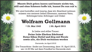 Traueranzeige von Wolfram Gollmann von Mitteldeutsche Zeitung Quedlinburg