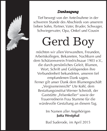 Traueranzeige von Gerd Boy von WVG - Wochenspiegel Quedlinburg