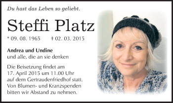 Traueranzeige von Steffi Platz von Mitteldeutsche Zeitung Halle/Saalkreis