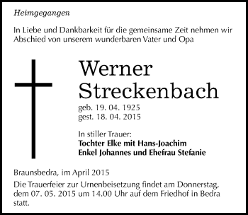 Traueranzeige von Werner Streckenbach von Mitteldeutsche Zeitung Merseburg/Querfurt