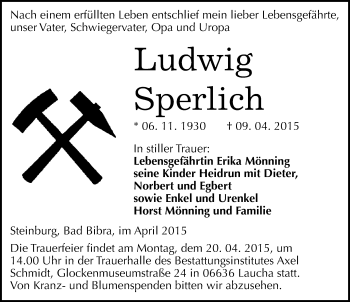 Traueranzeige von Ludwig Sperlich von Mitteldeutsche Zeitung Naumburg/Nebra