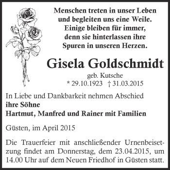 Traueranzeige von Gisela Goldschmidt von Super Sonntag Bernburg