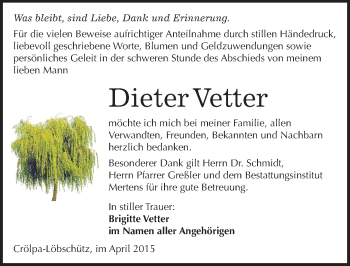 Traueranzeige von Dieter Vetter von Mitteldeutsche Zeitung Naumburg/Nebra