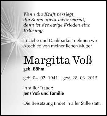 Traueranzeige von Margitta Voß von Mitteldeutsche Zeitung Köthen