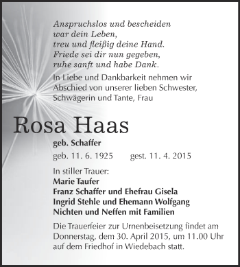 Traueranzeige von Rosa Haas von Super Sonntag Merseburg