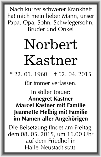 Traueranzeige von Norbert Kastner von Mitteldeutsche Zeitung Halle/Saalkreis
