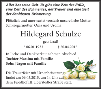 Traueranzeige von Hildegard Schulze von Super Sonntag Bernburg