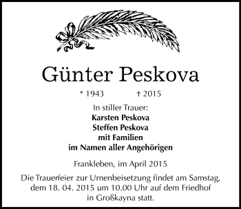 Traueranzeige von Günter Peskova von Mitteldeutsche Zeitung Merseburg/Querfurt