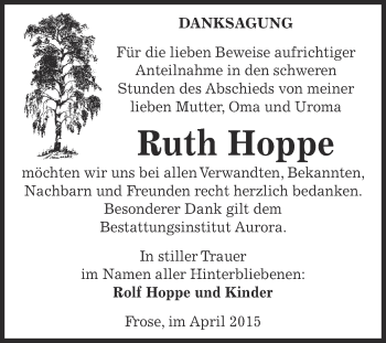 Traueranzeige von Ruth Hoppe von Super Sonntag Aschersleben