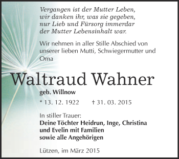 Traueranzeige von Waltraus Wahner von Super Sonntag Merseburg