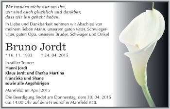 Traueranzeige von Bruno Jordt von Mitteldeutsche Zeitung Mansfelder Land