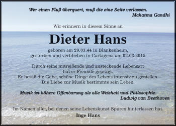 Traueranzeige von Dieter Hans von Mitteldeutsche Zeitung Sangerhausen