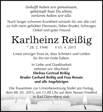 Traueranzeige von Karlheinz Reißig von Mitteldeutsche Zeitung Merseburg/Querfurt