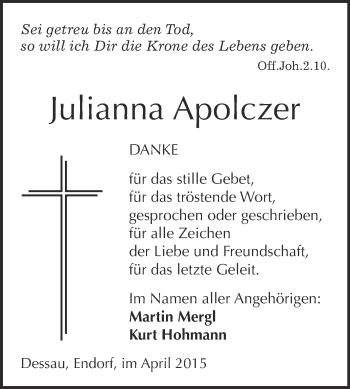 Traueranzeige von Julianna Apolczer von Super Sonntag Aschersleben