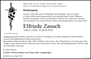 Traueranzeige von Elfriede Zausch von WVG - Wochenspiegel NMB / WSF / ZTZ