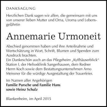 Traueranzeige von Annemarie Urmoneit von Super Sonntag SGH Mansf. Land