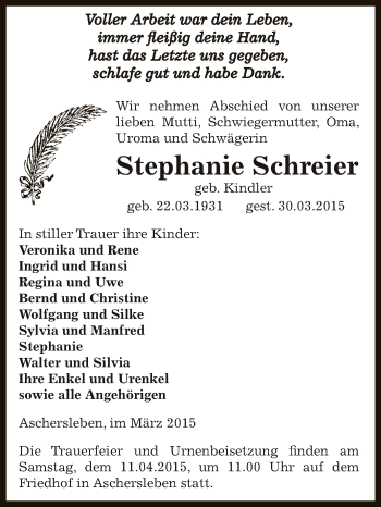 Traueranzeige von Stephanie Schreier von Super Sonntag Aschersleben