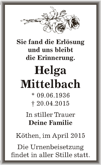 Traueranzeige von Helga Mittelbach von WVG - Wochenspiegel Dessau / Köthen