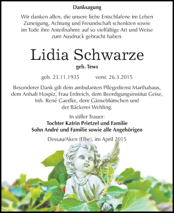 Traueranzeige von Lidia Schwarze von WVG - Wochenspiegel Dessau / Köthen