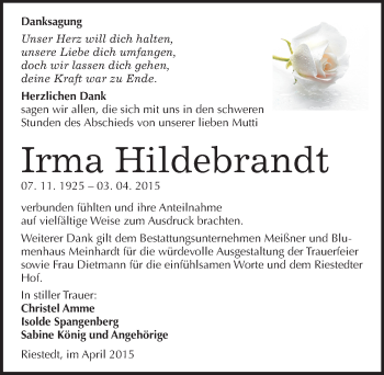 Traueranzeige von Irma Hildebrandt von Mitteldeutsche Zeitung Sangerhausen