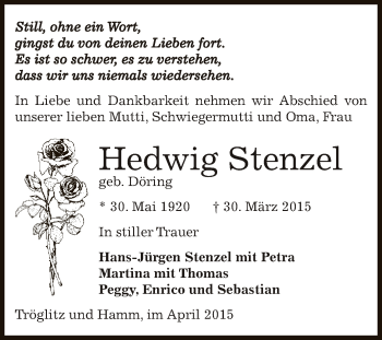 Traueranzeige von Hedwig Stenzel von Super Sonntag Zeitz