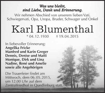 Traueranzeige von Karl Blumenthal von Super Sonntag Quedlinburg