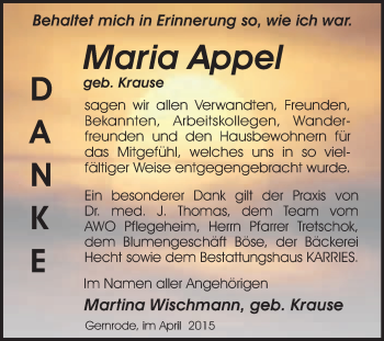 Traueranzeige von Maria Appel von WVG - Wochenspiegel Quedlinburg