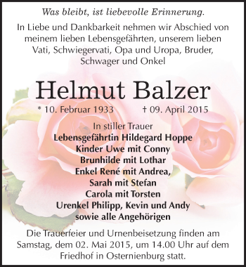 Traueranzeige von Helmut Balzer von Mitteldeutsche Zeitung Köthen