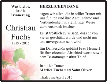 Traueranzeige von Christian Fuchs von Mitteldeutsche Zeitung Quedlinburg