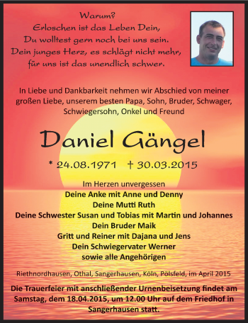 Traueranzeige von Daniel Gängel von Mitteldeutsche Zeitung Sangerhausen