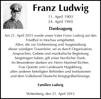 Traueranzeige von Franz Ludwig von Mitteldeutsche Zeitung Wittenberg