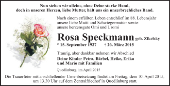 Traueranzeige von Rosa Speckmann von WVG - Wochenspiegel Quedlinburg