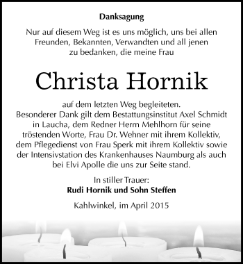Traueranzeige von Christa Hornik von Mitteldeutsche Zeitung Naumburg/Nebra