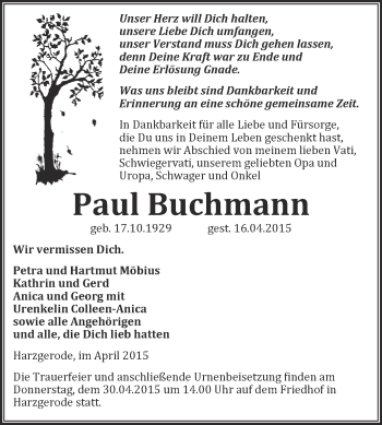 Traueranzeige von Paul Buchmann von Super Sonntag Quedlinburg